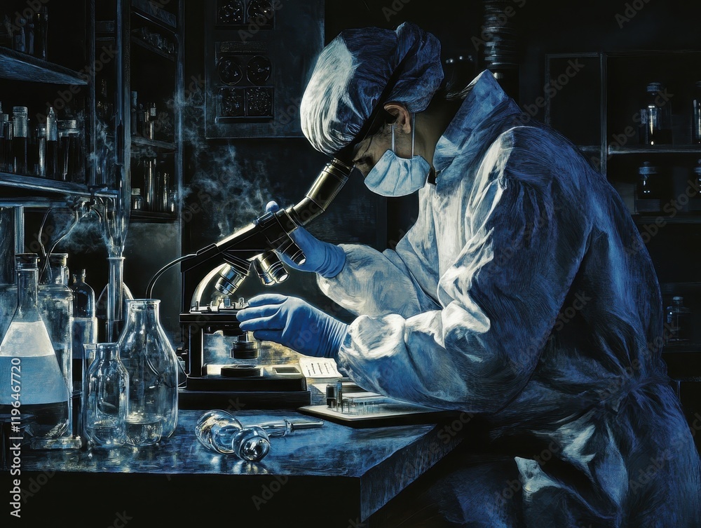 Medical Researcher Examining Samples Under a Microscope in a Modern Laboratory Medical Researcher Examining Samples Under a Microscope in a Modern Laboratory