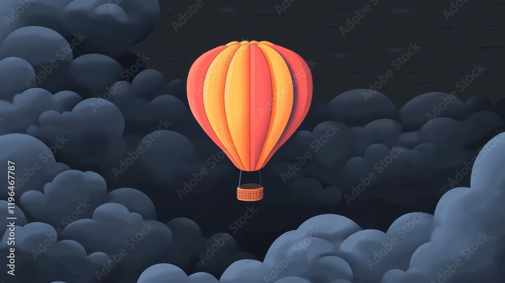 Obraz premium Orange and Red Hot Air Balloon Soaring Through Dark Cloudscape at Night