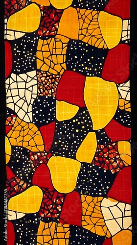 70. A Congolese fabric design with vivid patterns representing traditional African symbols in bright yellows and reds