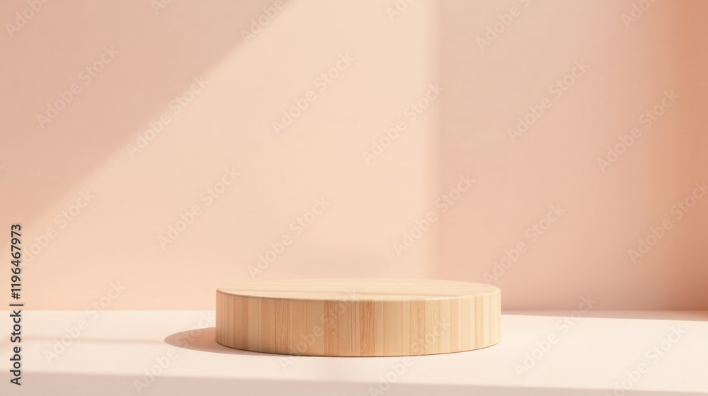Minimalist Wooden Display Platform Against a Soft Peach Backdrop Illuminated by Gentle Sunlight Minimalist Wooden Display Platform Against a Soft Peach Backdrop Illuminated by Gentle Sunlight