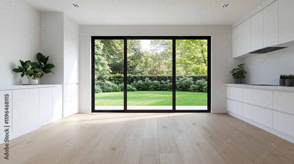 Bright and airy kitchen with large windows and beautiful view of greenery Bright and airy kitchen with large windows and beautiful view of greenery