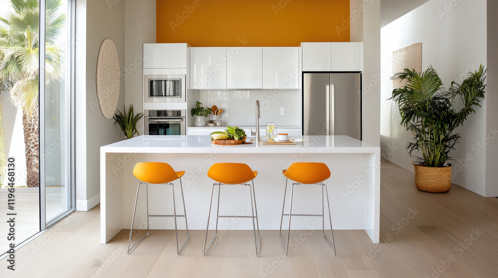 Fototapeta premium Bright kitchen with cheerful breakfast bar and vibrant orange accents