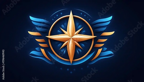 Golden Star Compass with Blue Wings Emblem