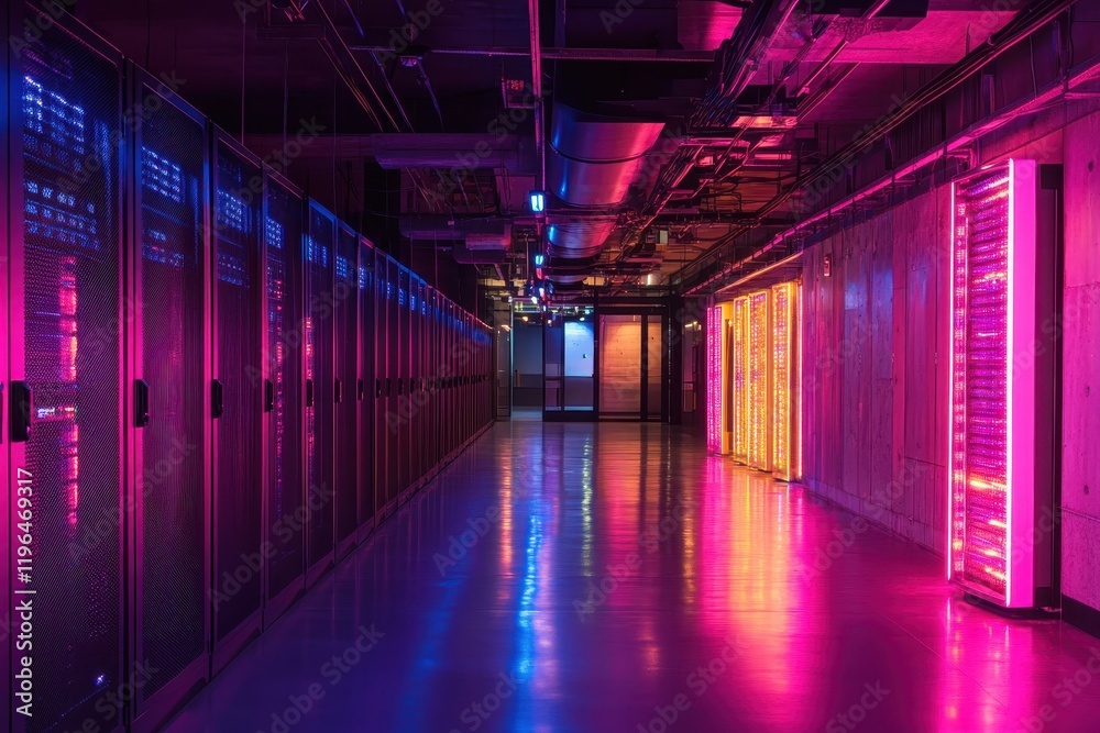 Fototapeta premium Modern Data Center with High-Tech Servers and LED Lighting in a Secure Facility