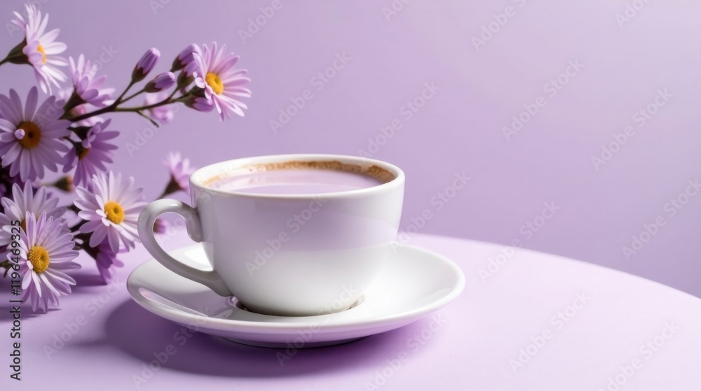 Aromatic Lavender-Tinted Beverage in a White Cup Beside a Bouquet of Delicate Purple Flowers on a Pastel Surface Aromatic Lavender-Tinted Beverage in a White Cup Beside a Bouquet of Delicate Purple Flowers on a Pastel Surface