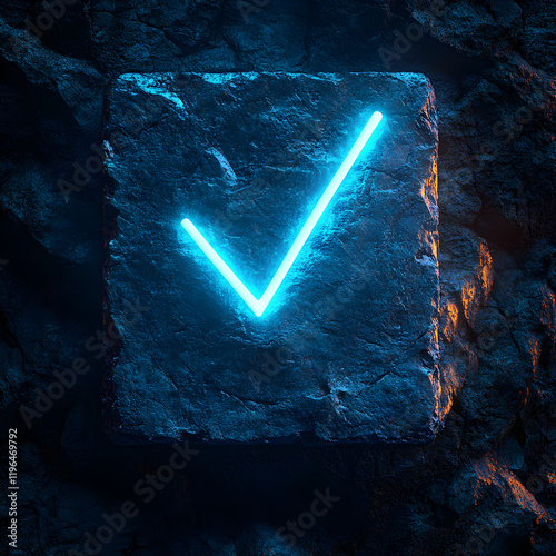 Neon Checkmark on Stone  Blue Glowing Tick  Approved Concept photo