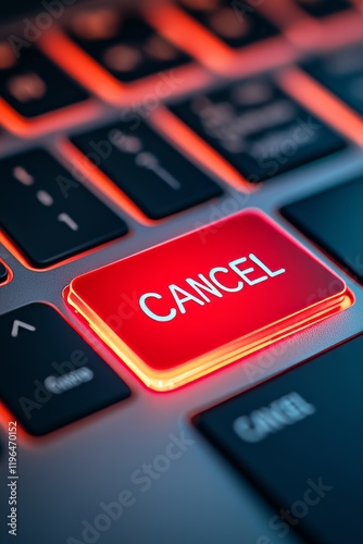 Close-up of an illuminated red cancel button on a keyboard, symbolizing immediate action or stopping a process. photo