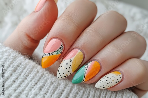 Close-up of beautifully manicured nails featuring colorful abstract designs, including dots and geometric patterns, perfect for fashion inspiration. photo