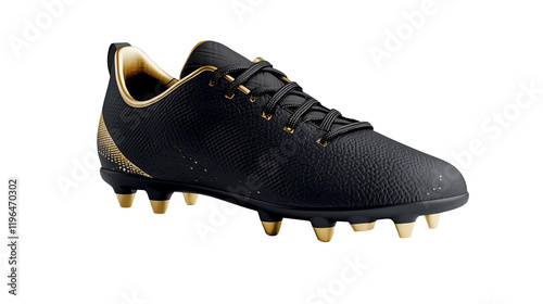 Stylish black and gold soccer cleat on a transparent background, ideal for athletic footwear marketing.