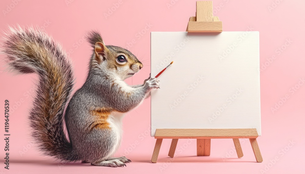 Obraz premium Active squirrel near a blank canvas on an easel, pastel pink.