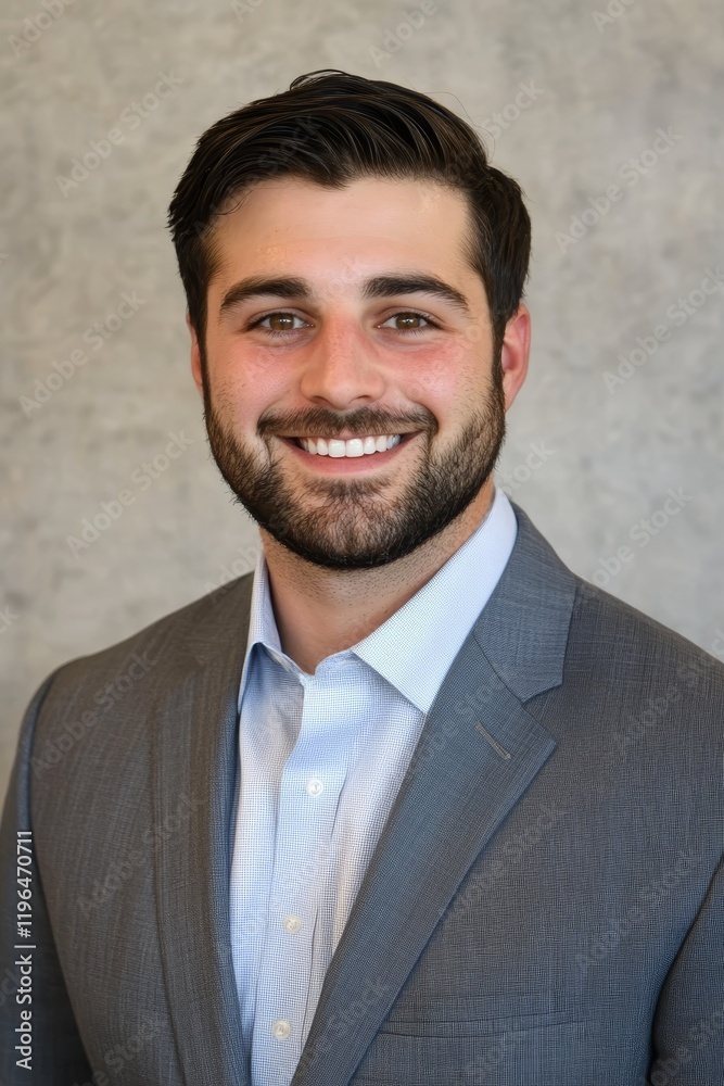 Confident man smiling, wearing a gray suit and blue shirt, ideal for corporate or business profiles and headshots. Confident man smiling, wearing a gray suit and blue shirt, ideal for corporate or business profiles and headshots.