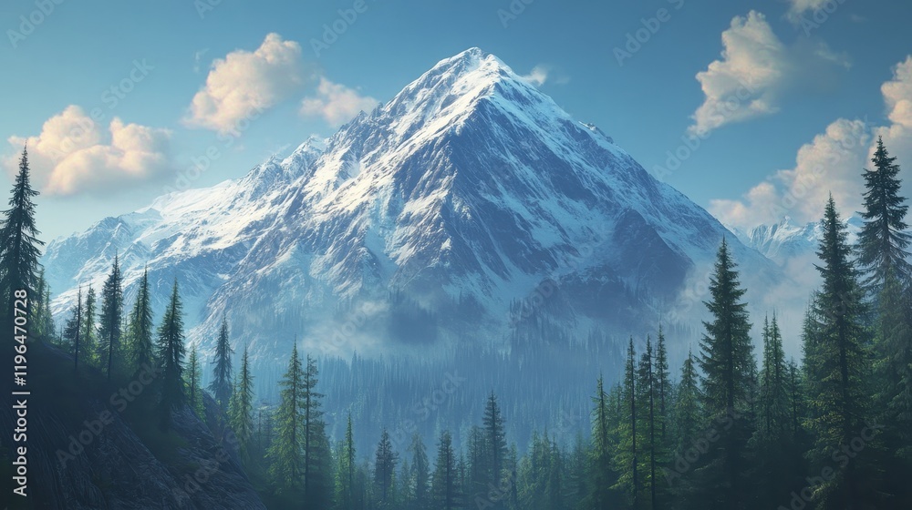 Obraz premium Snow-Capped Mountain Surrounded by Pine Trees Under a Clear Blue Sky