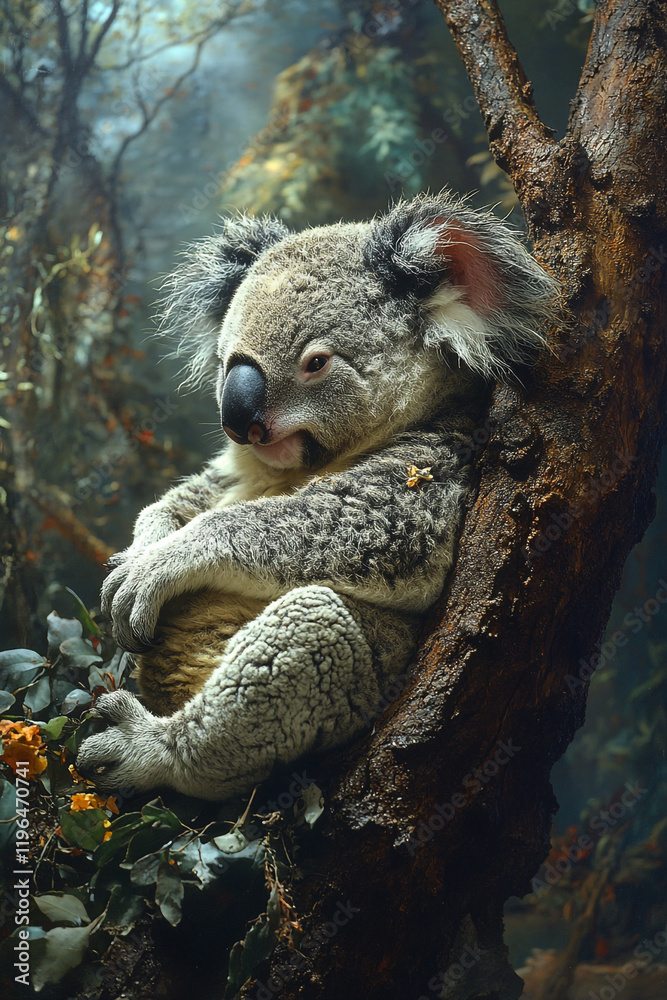 Obraz premium Koala Bear Resting on Tree Branch in Forest