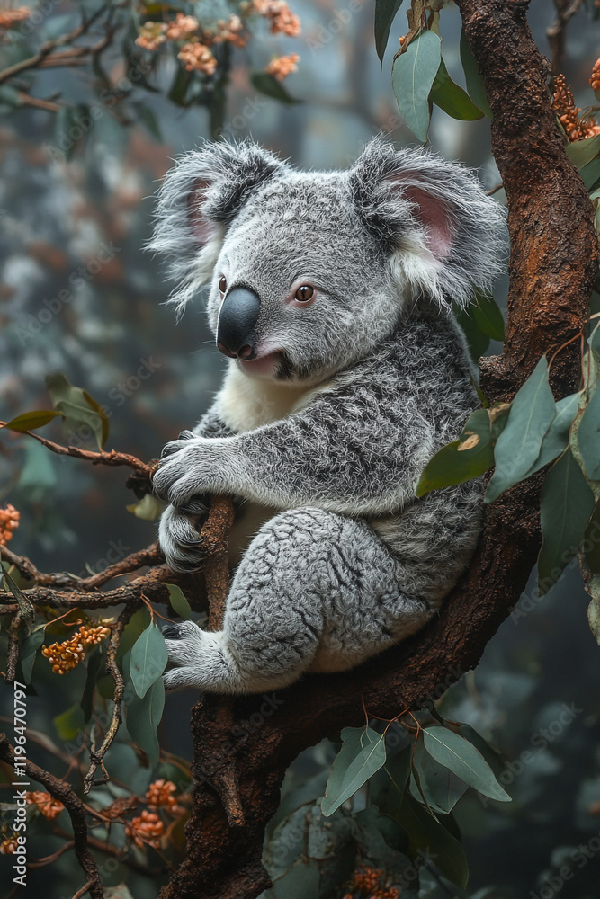 Fototapeta premium A Young Koala Rests Serenely In A Eucalyptus Tree