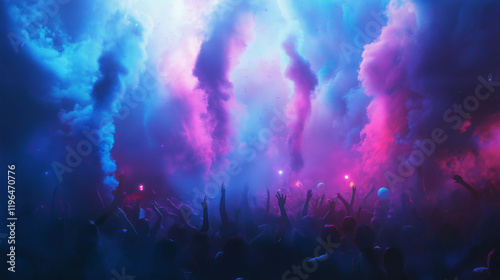 Bunte Nebelschwaden und feiernde Hände bei einem Musikereignis