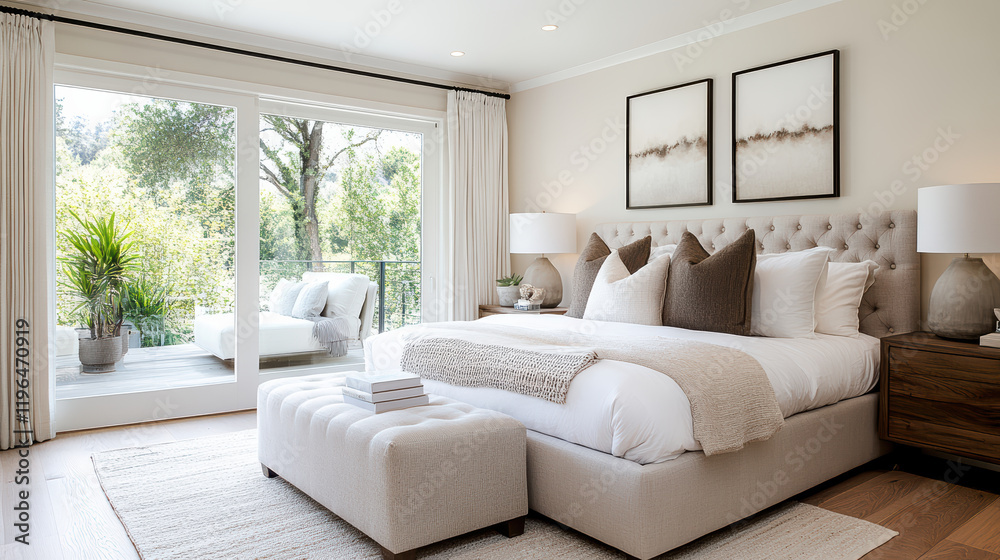 Fototapeta premium Elegant bedroom with vintage touch, luxurious fabric, and natural light
