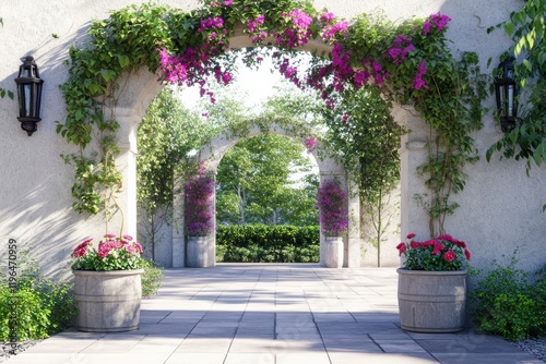 Beautiful Garden Archway with Decorative Design Ideal for Landscape Photography and Outdoor Events photo