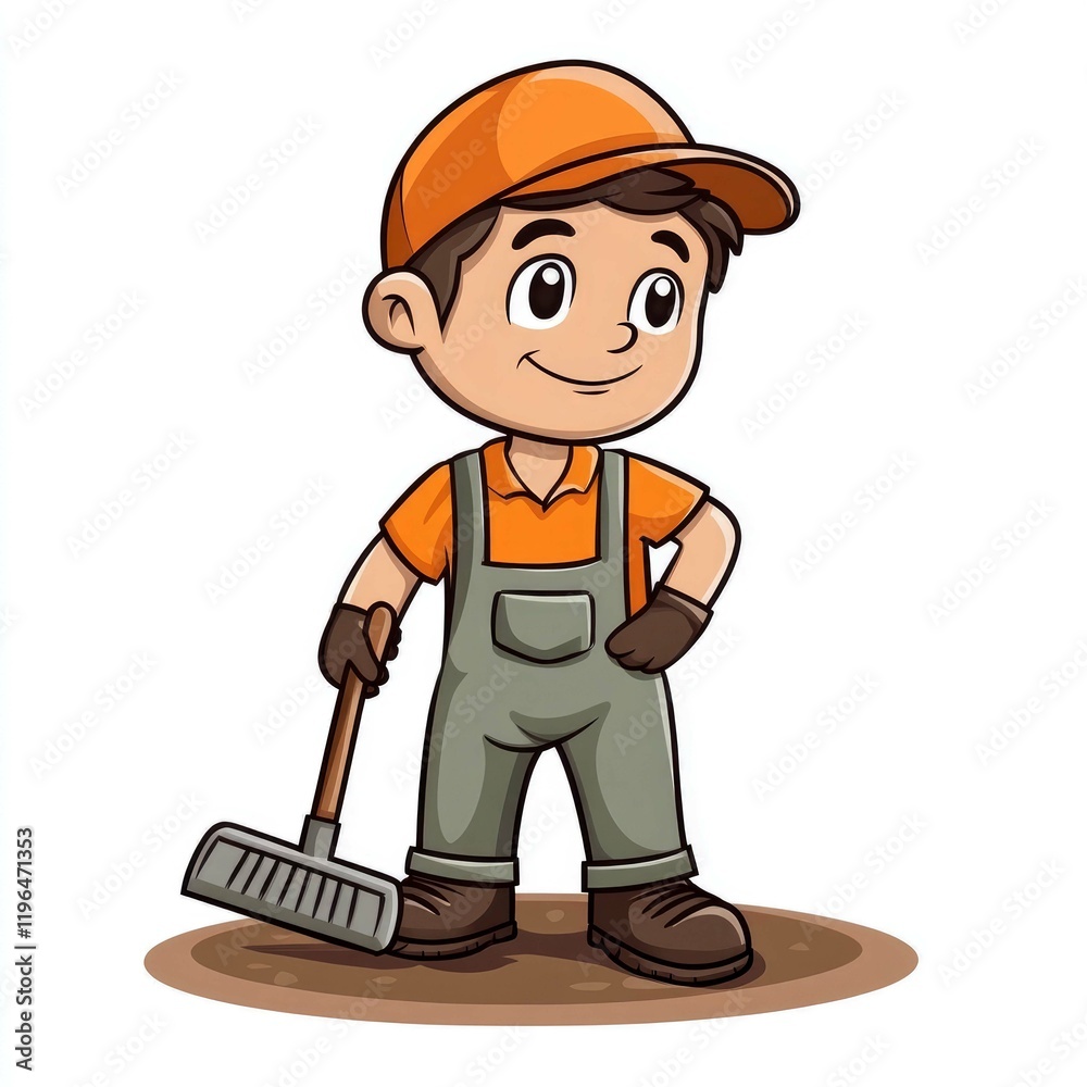 A cartoon janitor happily sweeps, showcasing diligent work ethics and cleanliness.  Perfect for cleaning service marketing or children's book illustrations.