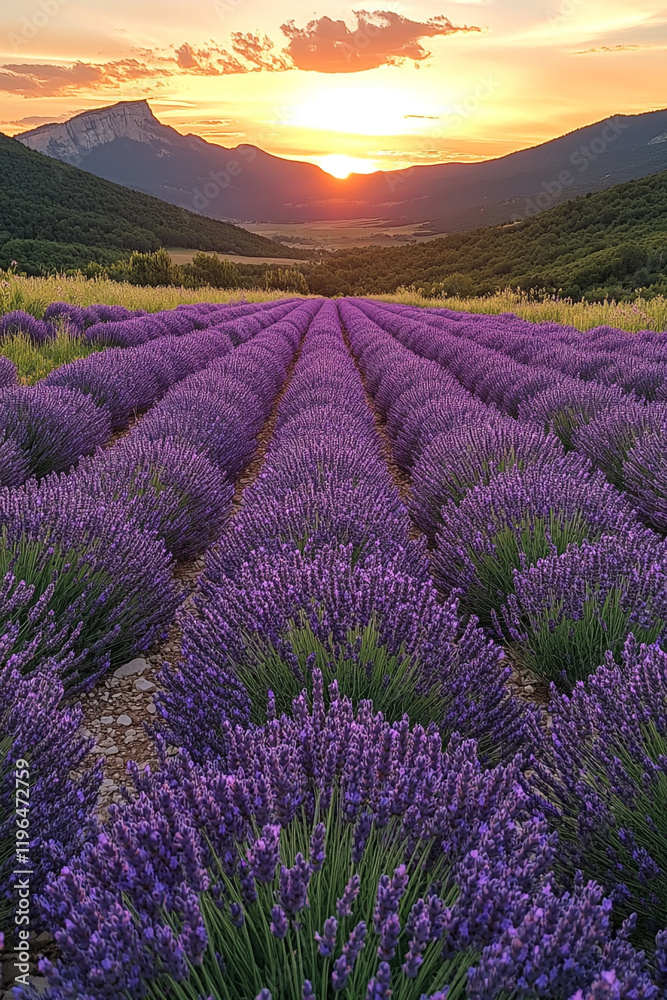 Obraz premium Lavender Fields Sunset Mountain Landscape