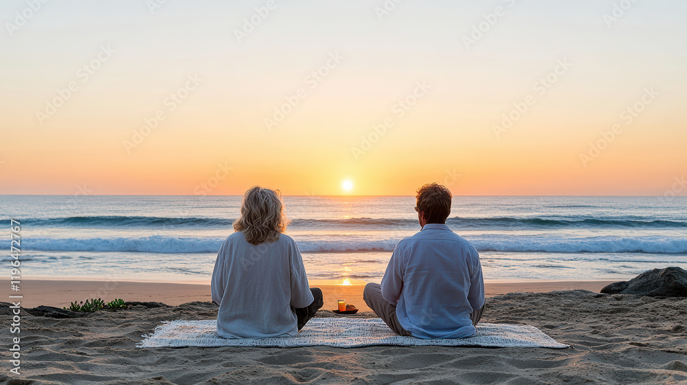 Fototapeta premium Older couple enjoying scenic sunset on beach, creating lasting memories