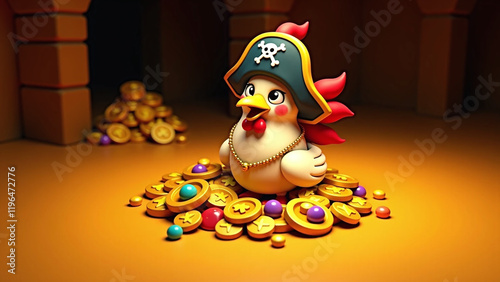 A cartoonish figure dressed as a pirate sitting on a pile of colorful coins and gems.