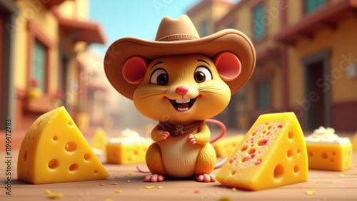 A cute cartoon mouse wearing a cowboy hat surrounded by cheese and pastries.