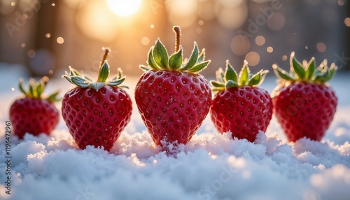 Frosty strawberries in snow with sunlight background
