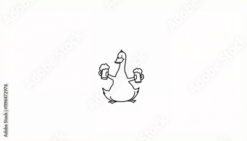 Cartoon duck holding beer mugs on white background