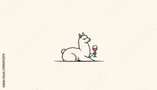 Cartoon llama holding wine glass on beige background