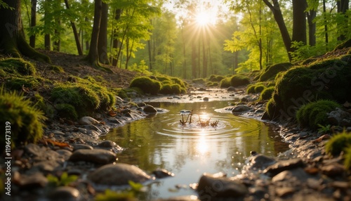 Spring sun reflecting in a forest puddle