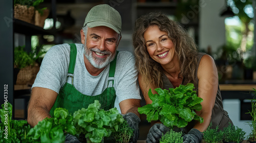 Wallpaper Mural Gardening couple smiling with fresh greens in vibrant indoor garden Torontodigital.ca