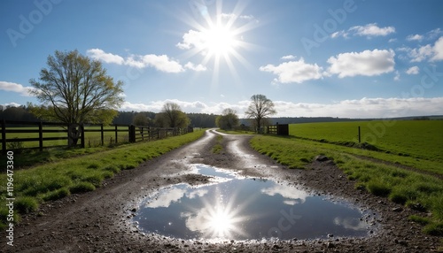 Spring sun in a puddle on a country road