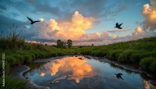 Spring sun in a puddle reflecting dramatic clouds