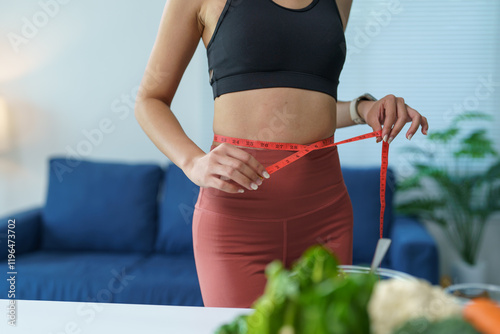 Young woman measuring her waist with a tape measure while preparing a healthy meal with fresh vegetables in a modern kitchen, promoting healthy living and weight management photo