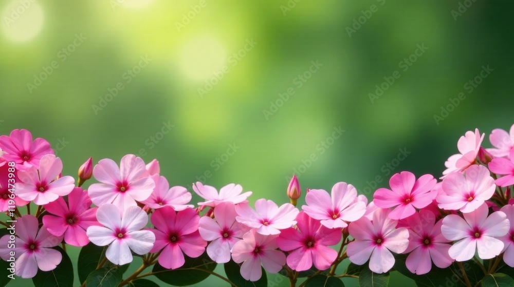 Delicate pink blossoms arranged in a gentle curve against a softly blurred green background, creating a serene and elegant floral display perfect for various design applications. Delicate pink blossoms arranged in a gentle curve against a softly blurred green background, creating a serene and elegant floral display perfect for various design applications.