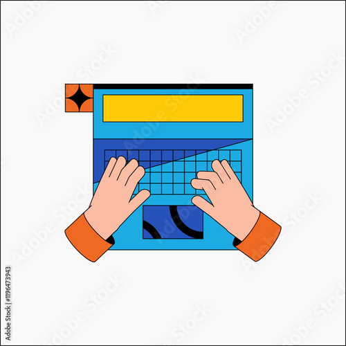 Hands typing on a digital keyboard in flat vector illustration symbolizing online work, content creation, and typing, isolated on white background.