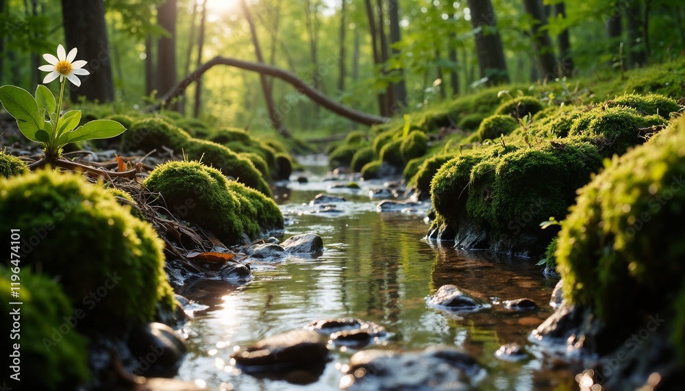 Spring sun in a puddle surrounded by mossy forest Spring sun in a puddle surrounded by mossy forest