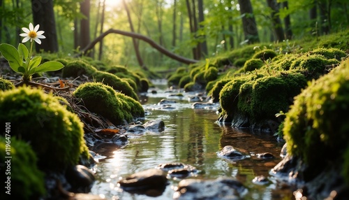 Spring sun in a puddle surrounded by mossy forest
