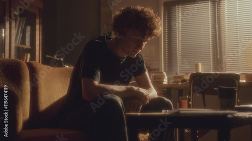 Young stressed man sitting on sofa in living room at home, examining bottle of antidepressant pills, then sweeping stuff off table and kicking it away as having nervous breakdown