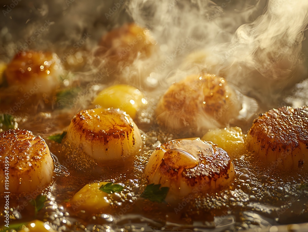 Searing scallops macro shot, caramelizing surface, butter browning, steam wisps Searing scallops macro shot, caramelizing surface, butter browning, steam wisps