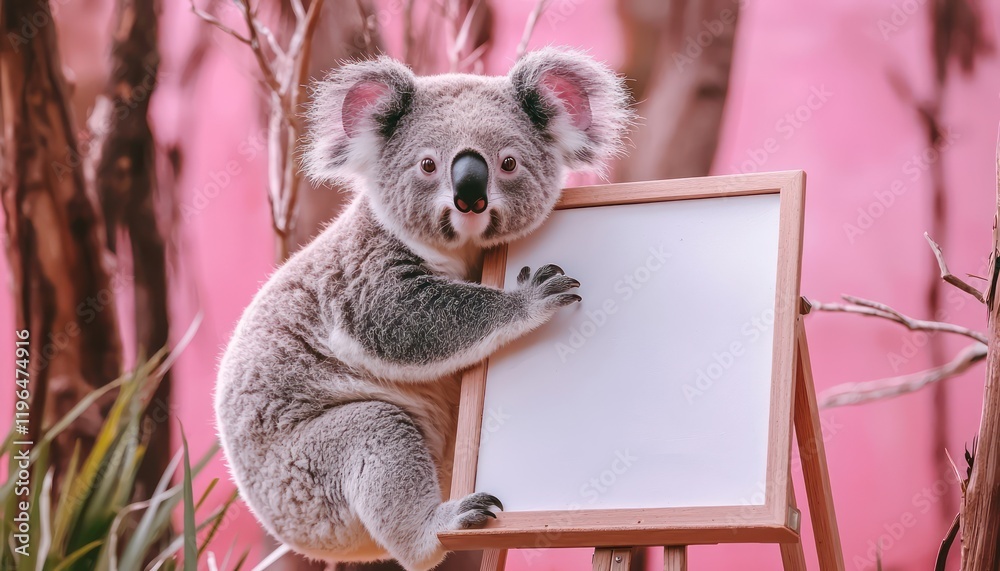 Obraz premium Mischievous monkey swings by easel, pointing to blank board, playful pink background.