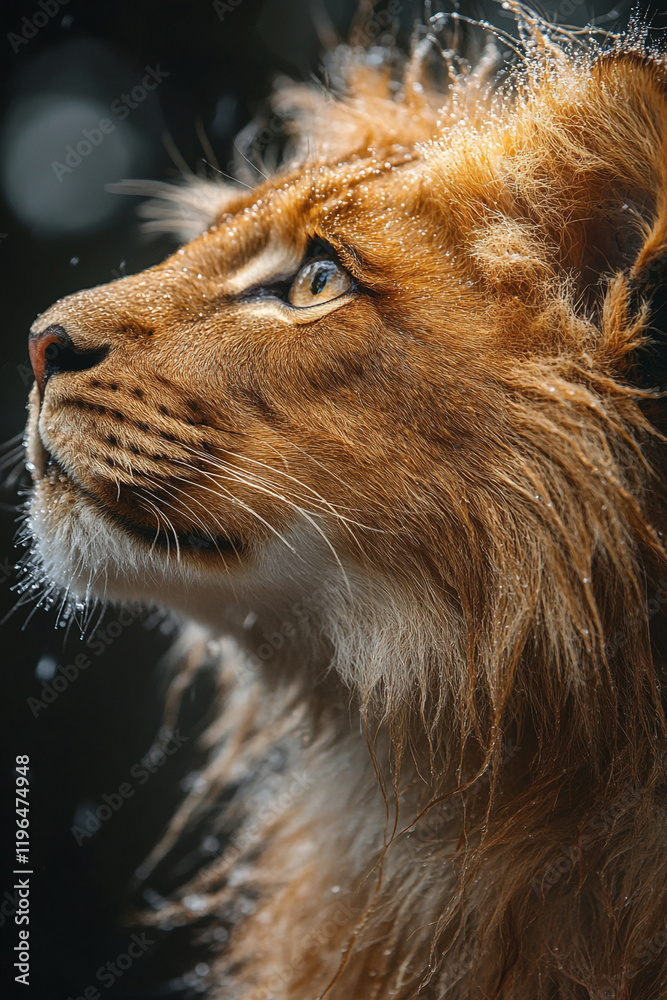Fototapeta premium A Young Lions Profile Gazing Upwards In The Rain