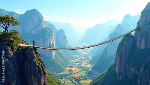 The serene beauty of a high-altitude bridge connecting majestic mountains.