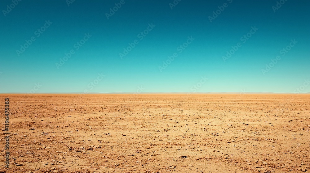 Fototapeta premium Vast, flat desert landscape under a clear blue sky.