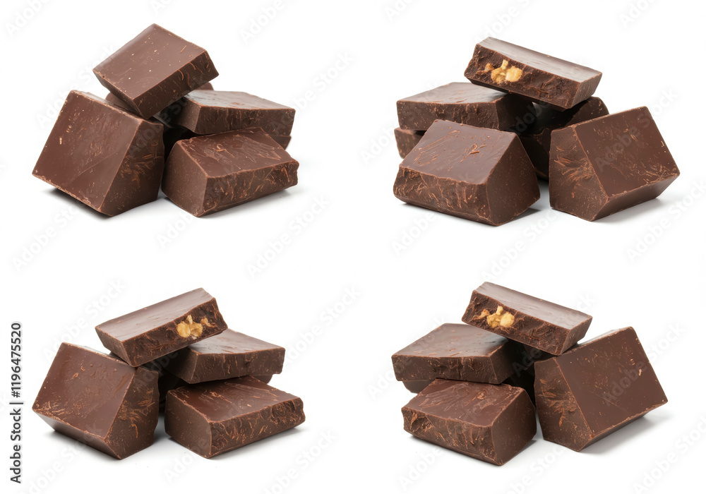 Chunks of rich dark chocolate isolated on a white background, a tempting collection Chunks of rich dark chocolate isolated on a white background, a tempting collection
