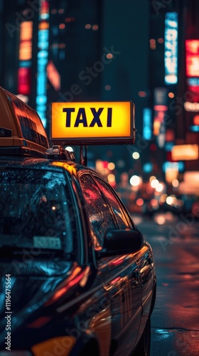Taxi cab illuminated sign reflecting on wet roof in times square at night