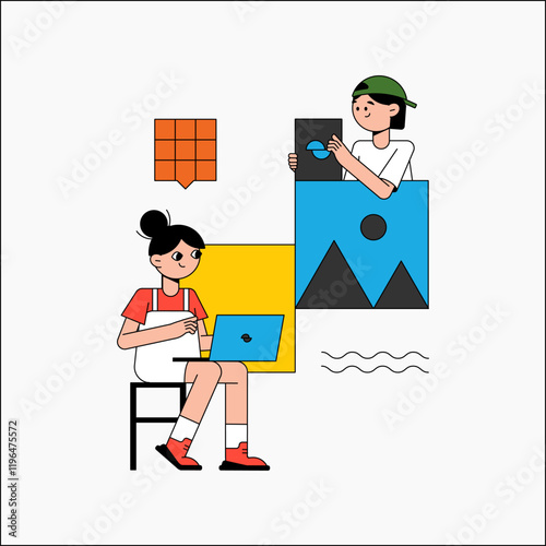 Male and female coworkers discussing digital content in flat vector illustration symbolizing teamwork, collaboration, and creative planning, isolated on white background.