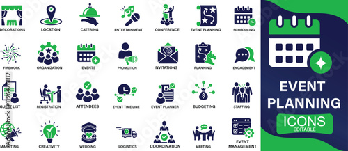 Event planning icon set. decorations, venue, event planner, registration, entertainment, catering and invitations You can easily change the color.