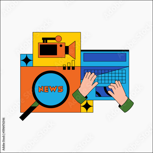 News broadcast with hands on keyboard and magnifying glass in flat vector illustration symbolizing journalism, media, and communication, isolated on white background.