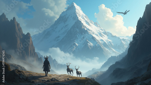 A mysterious traveler with a horned helmet gazes at a towering peak, with two deer by their side, amidst a serene mountain landscape.